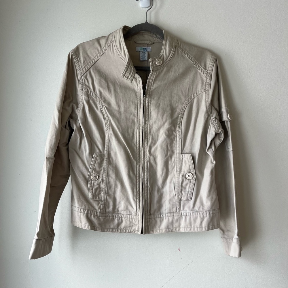 Beige Utility Jacket Womens Medium Cotton Zip Front Military Style Lightweight